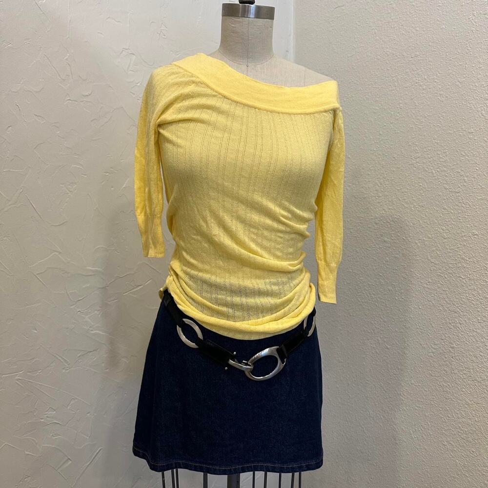 Tildon Women’s Medium Top Yellow Ribbed Cotton Off Shoulder Y2K Top